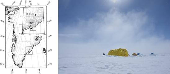 図３　グリーンランド南東ドーム地域の地点（左）と掘削キャンプ（右）
